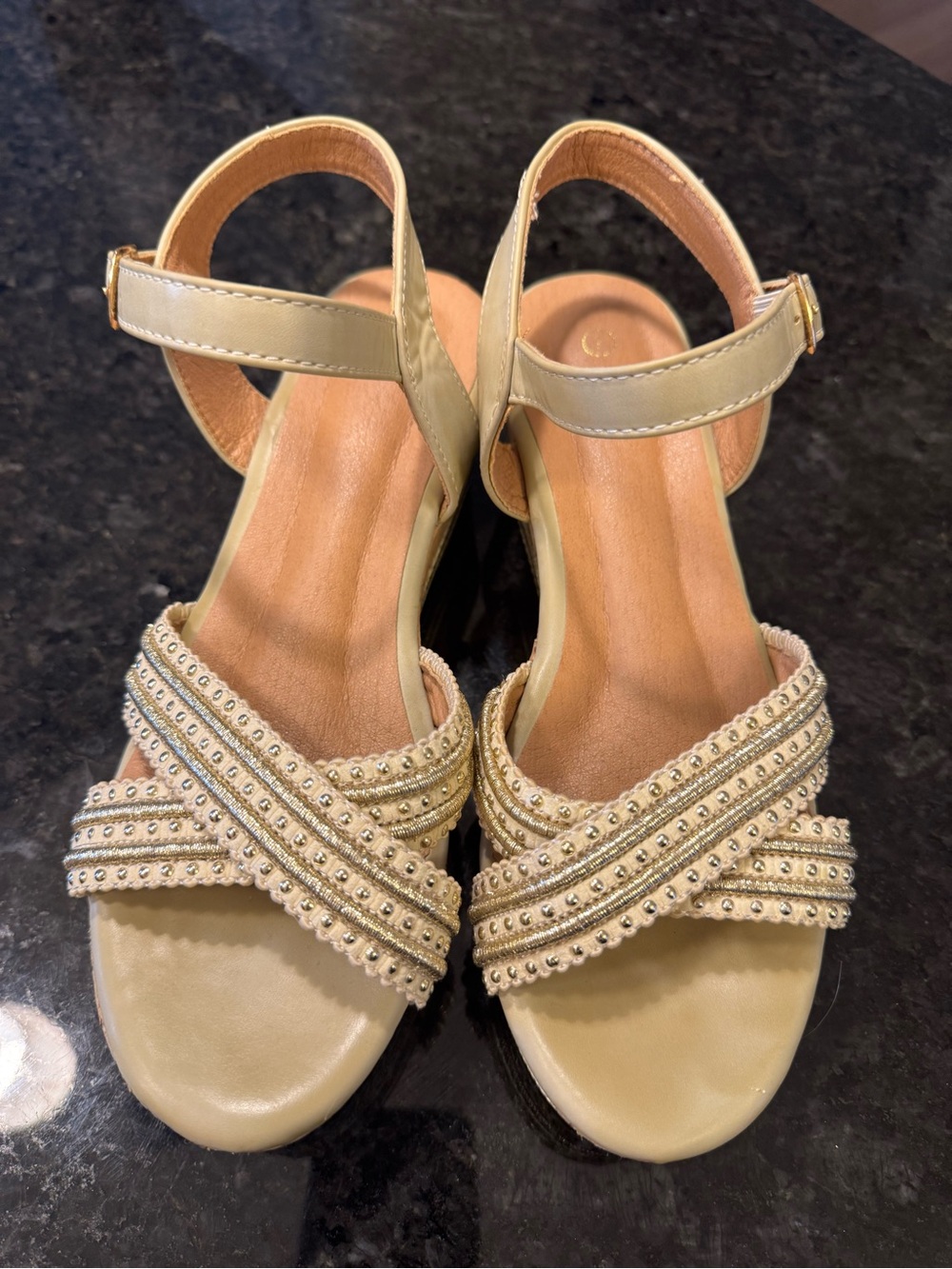 Women's Beige Embellished Crisscross Ankle Strap Sandals